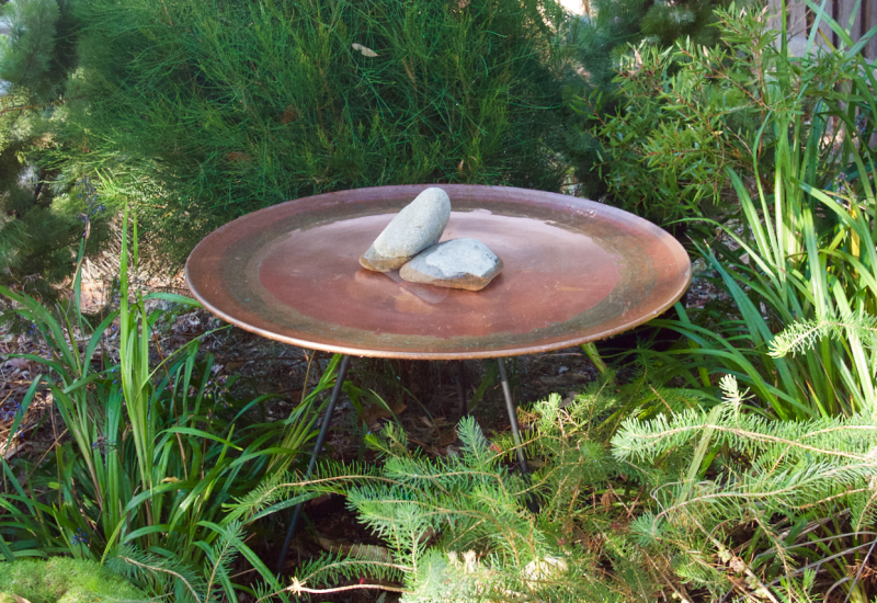 Large spun copper birdbath on floating steel stand Green Magazine