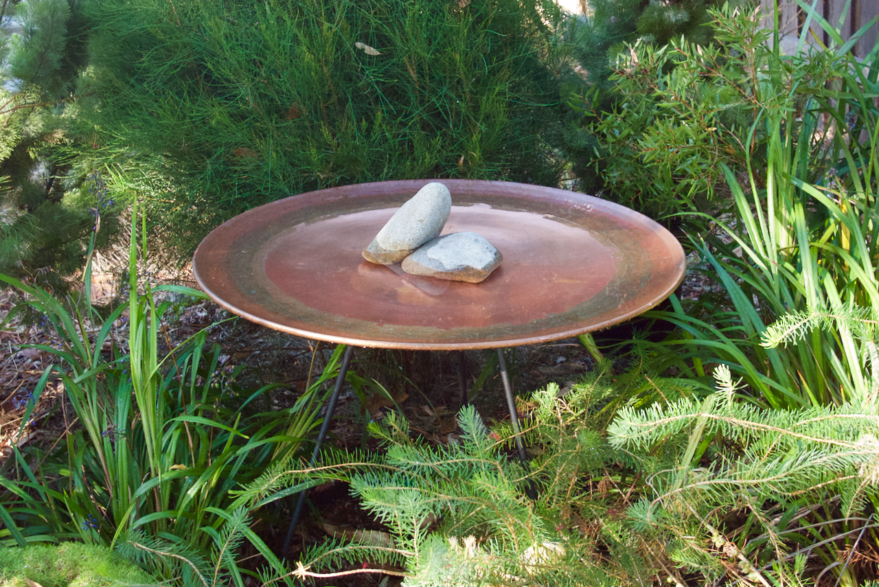 Large spun copper birdbath on floating steel stand Green Magazine