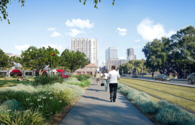 Parramatta Light Rail Artist impression of green track at Robin Thomas Reserve