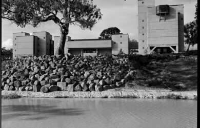 Menzies College, a residential building at La Trobe University, Bundoora, Victoria, designed by Robin Boyd, completed in 1970, photographed by Mark Strizic. (State Library of Victoria, Image H2011.55/1581).