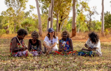 Margaret Djarrbalabal Malibirr, artist, Mary Dhapalany, artist Julie Shaw, designer Evonne Munuyngu, artist, Lisa Lalaywarra Gurrulpa, artist at Bula’bula Arts, in Ramingining, Northern Territory. Photo: Renae Saxby