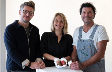 Woollahra Small Sculpture Prize 2023 judges Blak Douglas and Alex Seton with Gallery Director Pippa Mott with winning work. Credit: Havard Sagenjpg