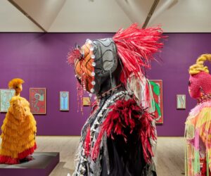 Installation view, ‘Ten thousand suns’ 24th Biennale of Sydney 2024, Art Gallery of New South Wales, featuring art by Pacific Sisters (foreground) and I Gusti Ayu Kadek Murniasih (wall) photo © Art Gallery of New South Wales, Christopher Snee
