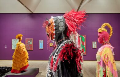 Installation view, ‘Ten thousand suns’ 24th Biennale of Sydney 2024, Art Gallery of New South Wales, featuring art by Pacific Sisters (foreground) and I Gusti Ayu Kadek Murniasih (wall) photo © Art Gallery of New South Wales, Christopher Snee