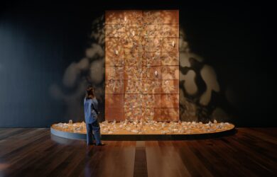 Installation view of Jan Baljagil Gunjaka Griffiths’ work Tree of knowledge 2024 on display in My Country: Country Road + NGV First Nations Commissions from 22 March to 4 August 2024 at the Ian Potter Centre: NGV Australia, Melbourne. Photo: Tom Ross