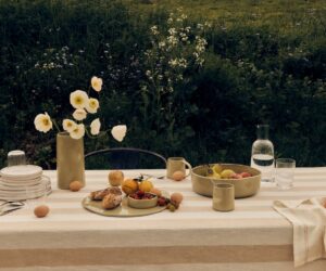 Rustic outdoor dining setup with ceramic tableware and fresh fruits on a striped tablecloth in a field.