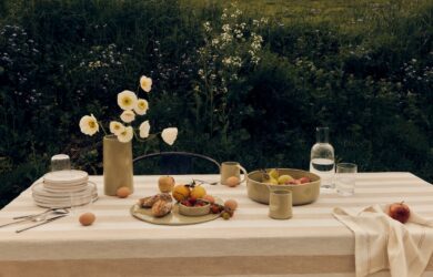 Rustic outdoor dining setup with ceramic tableware and fresh fruits on a striped tablecloth in a field.