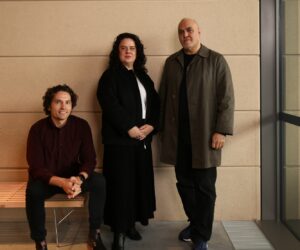 Creative Directors left to right: Jack Gillmer-Lilley, Emily McDaniel and Michael Mossman in the Chau Chak Wing Museum, University of Sydney. Photographer: Hannah Walker.