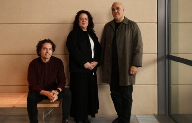 Creative Directors left to right: Jack Gillmer-Lilley, Emily McDaniel and Michael Mossman in the Chau Chak Wing Museum, University of Sydney. Photographer: Hannah Walker.