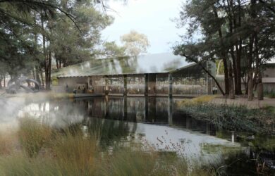View of the new Pavilion from Nakayas fog sculpture