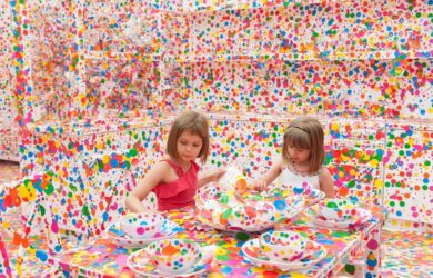 Yayoi Kusama / Japan b.1929 / The Obliteration Room (installation view) 2002–present / Furniture, white paint, dot stickers / Dimensions variable / Collaboration between Yayoi Kusama and Queensland Art Gallery. Commissioned by the Queensland Art Gallery. Gift of the artist through the Queensland Art Gallery Foundation 2012 / Collection: QAGOMA, Brisbane / © Yayoi Kusama / Photograph: N Harth © QAGOMA