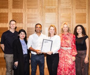 2025 Holdmark Innovation Award winner Hassell Principal Jeff Morgan, Youssofzay and Hart Director Belqis Youssofzay, Holdmark Chief Operating Officer Kevin Nassif, Hassell Managing Director Liz Westgarth, Holdmark Advisory Board Member the Hon Katrina Hodgkinson and Holdmark’s Mary-Claire Nassif. Photo by Andy Roberts.