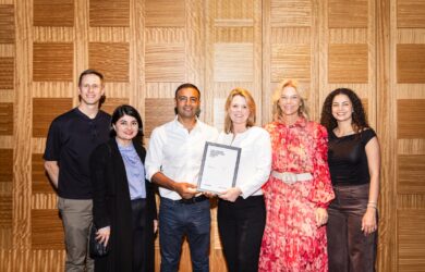 2025 Holdmark Innovation Award winner Hassell Principal Jeff Morgan, Youssofzay and Hart Director Belqis Youssofzay, Holdmark Chief Operating Officer Kevin Nassif, Hassell Managing Director Liz Westgarth, Holdmark Advisory Board Member the Hon Katrina Hodgkinson and Holdmark’s Mary-Claire Nassif. Photo by Andy Roberts.
