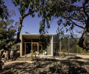 Street-facing elevation framed by eucalypts; garden contours slow stormwater to nourish new plantings, photographed for green magazine issue 105: Timeless by Trevor Mein.