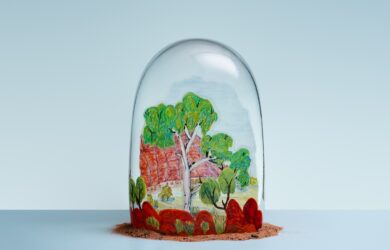 Kathy Inkamala, Mt Gillen, 2025, watercolour, gouache, glass paint on glass. Photographer: Connor Patterson.
