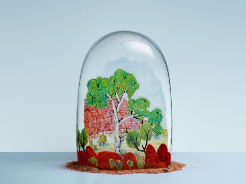 Kathy Inkamala, Mt Gillen, 2025, watercolour, gouache, glass paint on glass. Photographer: Connor Patterson.