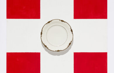 John Nixon Red and White Cross with Plate 1992 enamel and acrylic paint and ceramic plate on Masonite 61 x 61 cm Courtesy of the Estate of John Nixon and Anna Schwartz Gallery, Melbourne