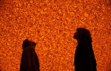 Olafur Eliasson / Denmark b.1967 / Presence (detail) 2025 / Stainless steel, aluminium, monofrequency lights, printed textile wedges, aluminium perforated sheets, mirror foil, glass mirror, wood / Dimensions variable / Courtesy: The artist; neugerriemschneider, Berlin; and Tanya Bonakdar Gallery, New York / © 2025 Olafur Eliasson / Photograph: Studio Olafur Eliasson