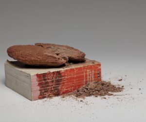 Rock fragments scattered on a dark surface with strong directional lighting.