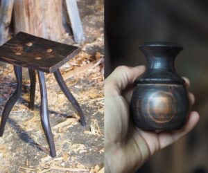 Low timber stool and small turned timber vessel by artist and chairmaker James Crowther.