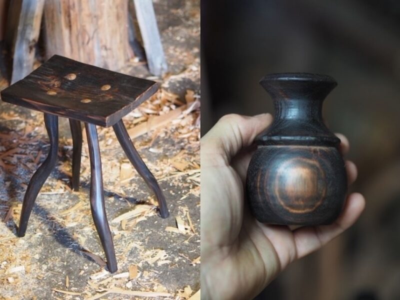 Low timber stool and small turned timber vessel by artist and chairmaker James Crowther.