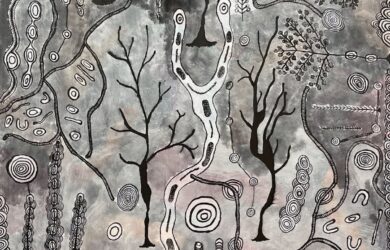 Beverly Downs’ Yankunytjatjara Wapar showing stylised trees, branching forms and organic symbols layered across a muted grey ground.