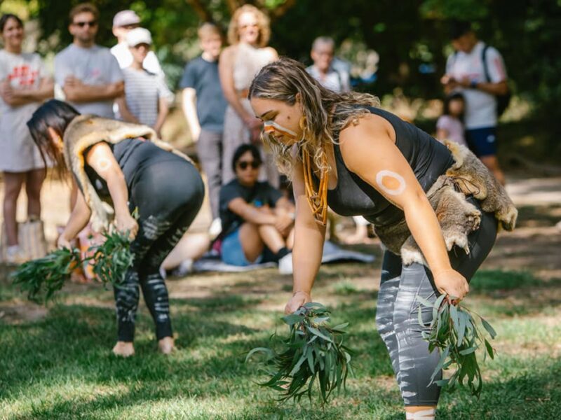 Two Djirri Djirri dancers performing with leafy branches as community members watch during Yaluk Langa Community Day at Heide Museum of Modern Art.