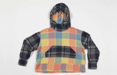 Luke Morgan, LYTM (Jumper), a contemporary hooded garment constructed from reclaimed wool blankets in a patchwork pattern.