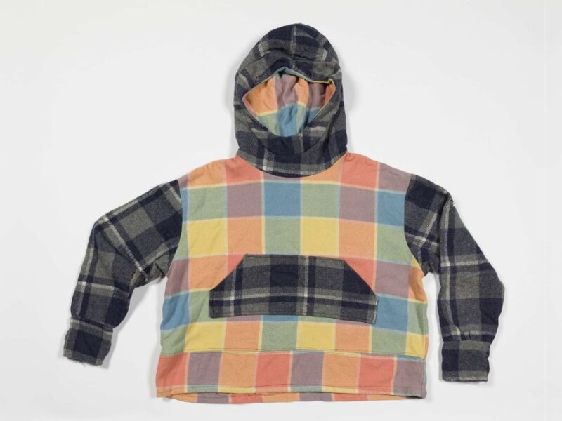 Luke Morgan, LYTM (Jumper), a contemporary hooded garment constructed from reclaimed wool blankets in a patchwork pattern.