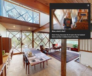 Robin Boyd Foundation 3D Tour screengrab of Gillison House (Robin Boyd, 1952), showing the diamond window wall and interior living space.