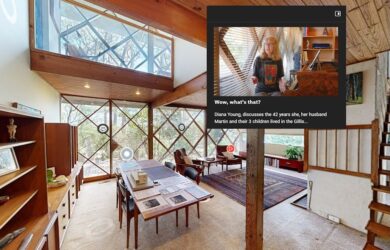 Robin Boyd Foundation 3D Tour screengrab of Gillison House (Robin Boyd, 1952), showing the diamond window wall and interior living space.