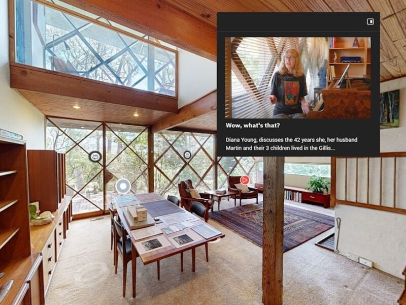 Robin Boyd Foundation 3D Tour screengrab of Gillison House (Robin Boyd, 1952), showing the diamond window wall and interior living space.