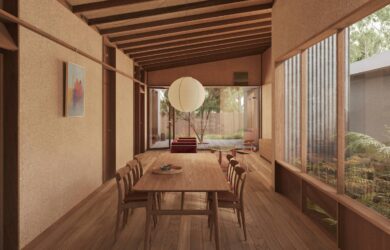 Interior view of Lomandra showing exposed hempcrete walls, timber joinery and a flexible open-plan layout, photographed for green magazine eNews.