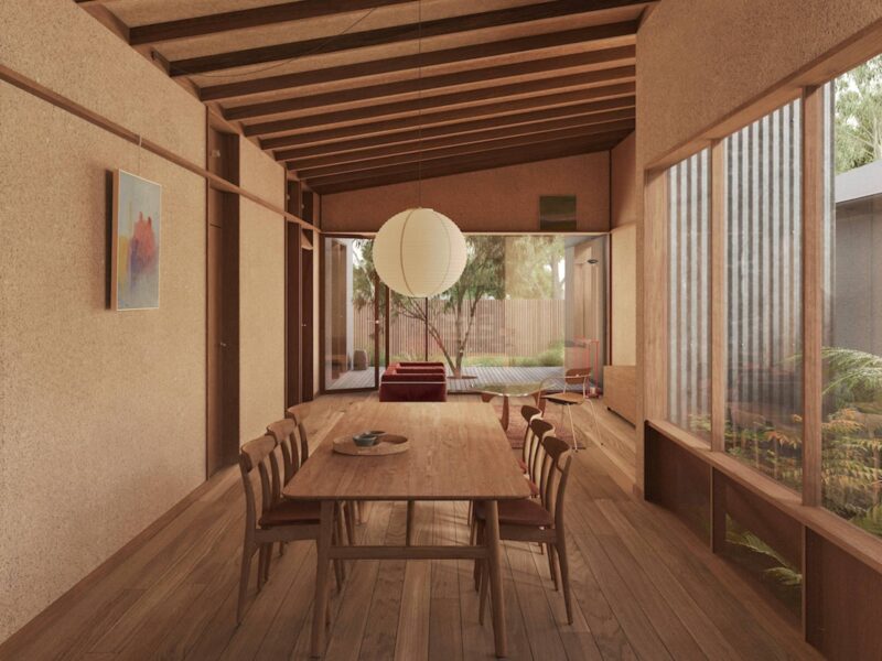 Interior view of Lomandra showing exposed hempcrete walls, timber joinery and a flexible open-plan layout, photographed for green magazine eNews.