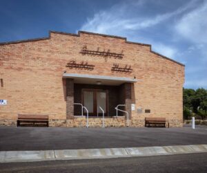 Guildford Public Hall exterior with restored brick façade and entry steps, photographed by Rhiannon Slatter.