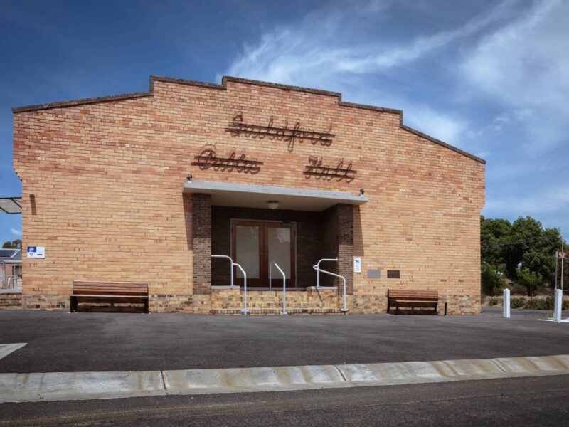 Guildford Public Hall exterior with restored brick façade and entry steps, photographed by Rhiannon Slatter.