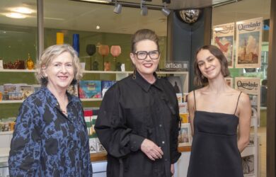 State Librarian and CEO Vicki McDonald AM, artisan CEO Carmel Haugh and jewellery designer, sculptor and artist Ebony Birks