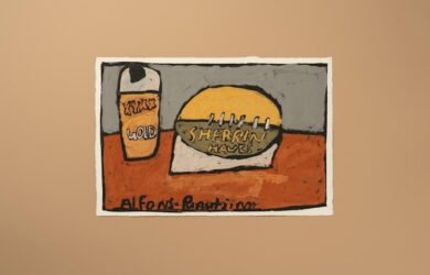 Painting of a football and drink bottle with “Sherrin” branding, representing Australian Rules Football. Artist is Alfonso Puautjimi (Ngaruwanajirra Arts), Gold and Hawkes Football, 2025. Photo by Connor Patterson.