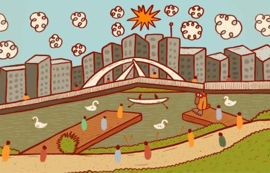 Illustration style image of the Birrarung Mar area on the Yarra River