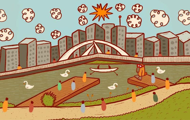 Illustration style image of the Birrarung Mar area on the Yarra River